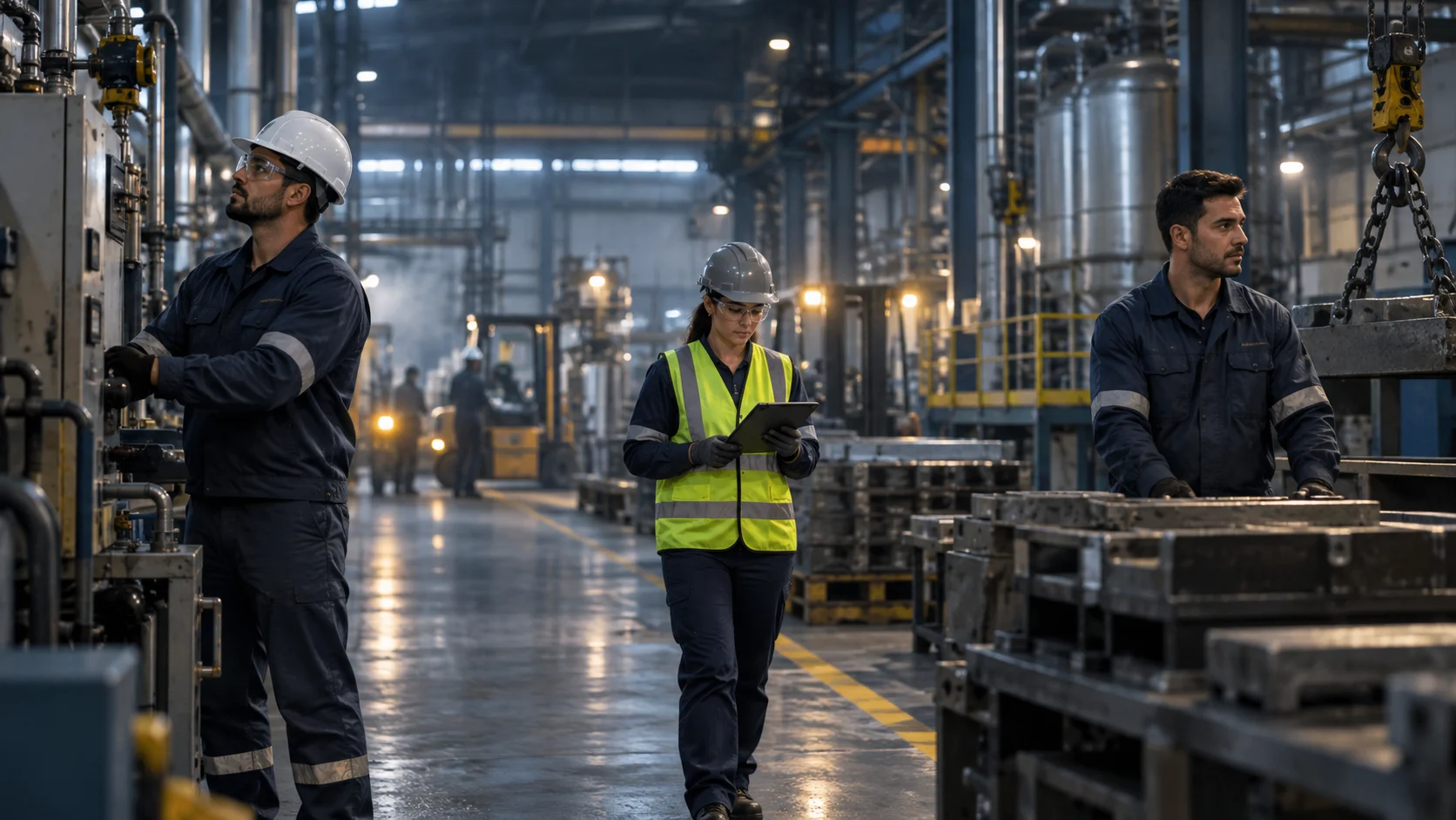 Profissionais utilizando equipamentos de proteção em uma planta industrial